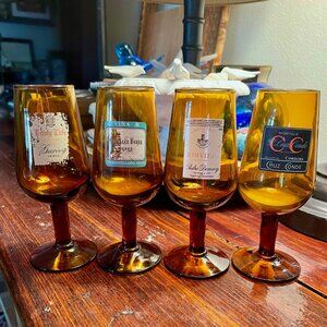 Vintage Amber Spanish Sherry Glasses Set of 4 Jerez Advertising Barware